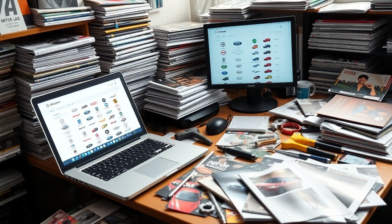 Een rommelig bureau vol met autogerelateerde documenten, tijdschriften en laptop.