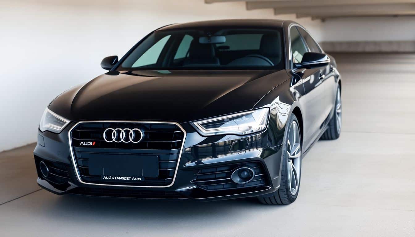 Een glanzende zwarte Audi geparkeerd in een ondergrondse garage.