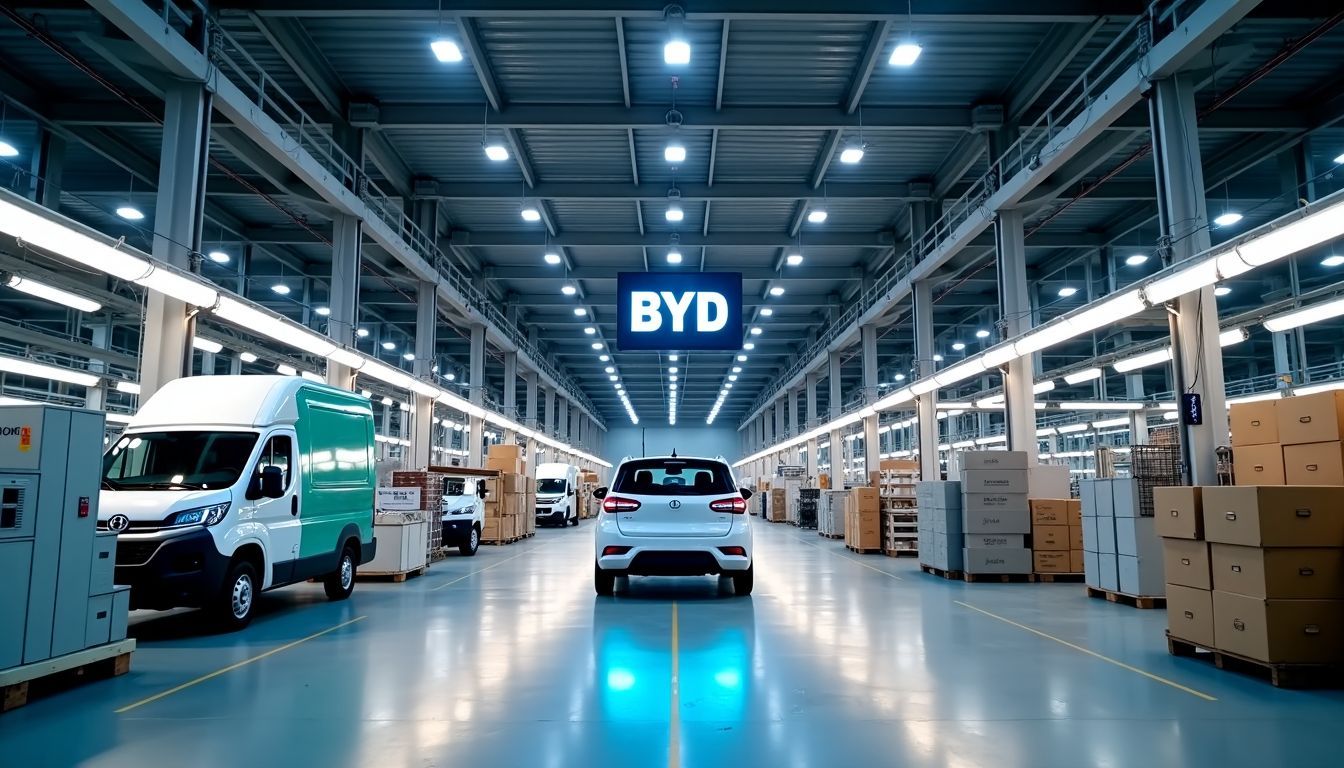 Een moderne elektrische voertuigfabriek met BYD branding en geavanceerde productielijn.