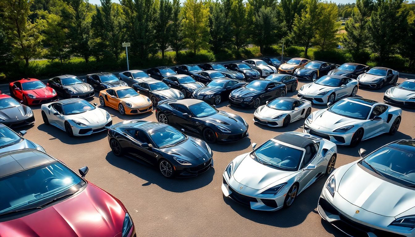 Een parkeerplaats vol met luxe sportauto's van merken die beginnen met de letter 'A'.