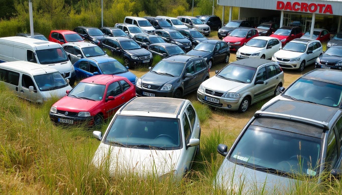 Een verlaten autodealer met D-merk auto's tussen overwoekerend gras.
