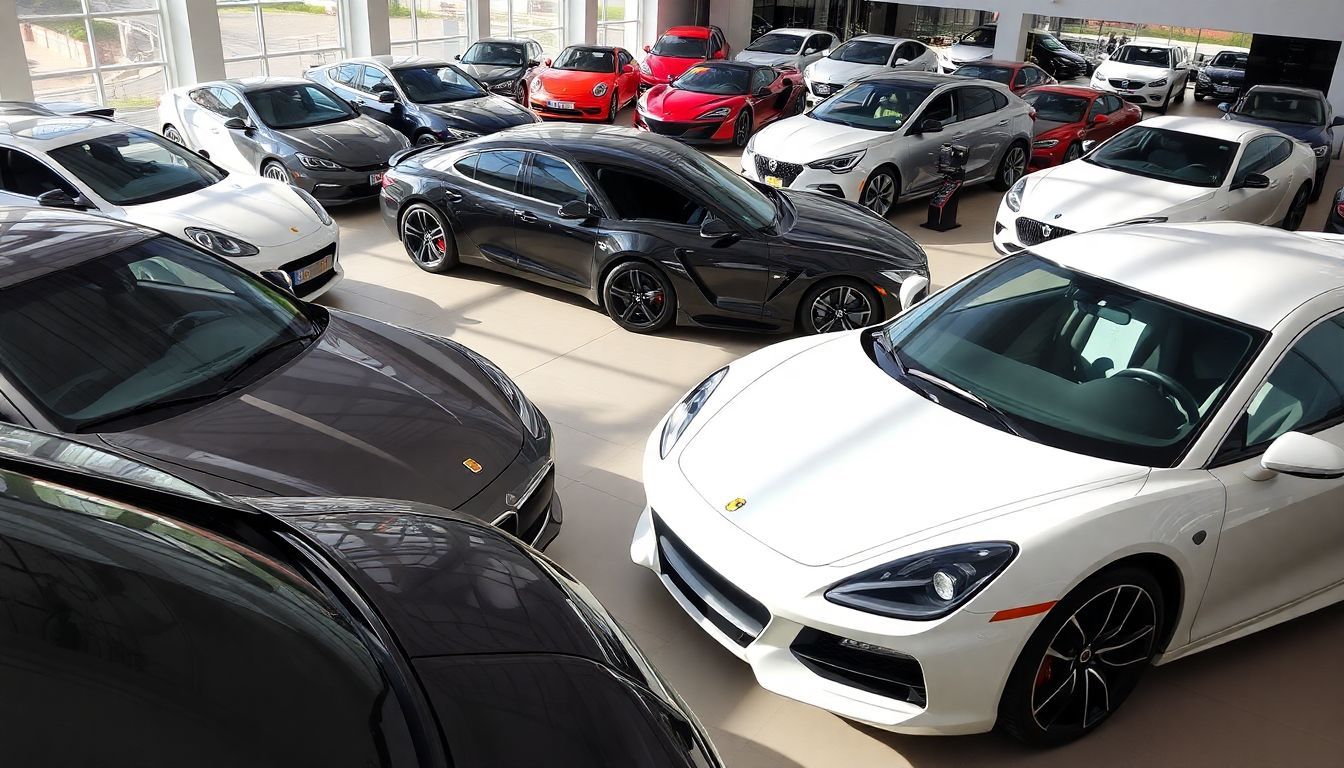 Een verscheidenheid aan moderne en klassieke auto's van merken die beginnen met de letter 'E' worden tentoongesteld in een automotive showroom.