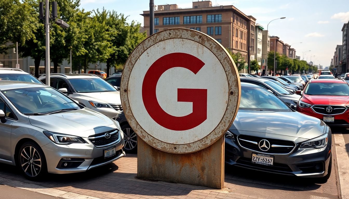 Een verweerd bord met de letter 'G' omringd door auto's van automerken die ook met de letter 'G' beginnen, in een stedelijke omgeving.
