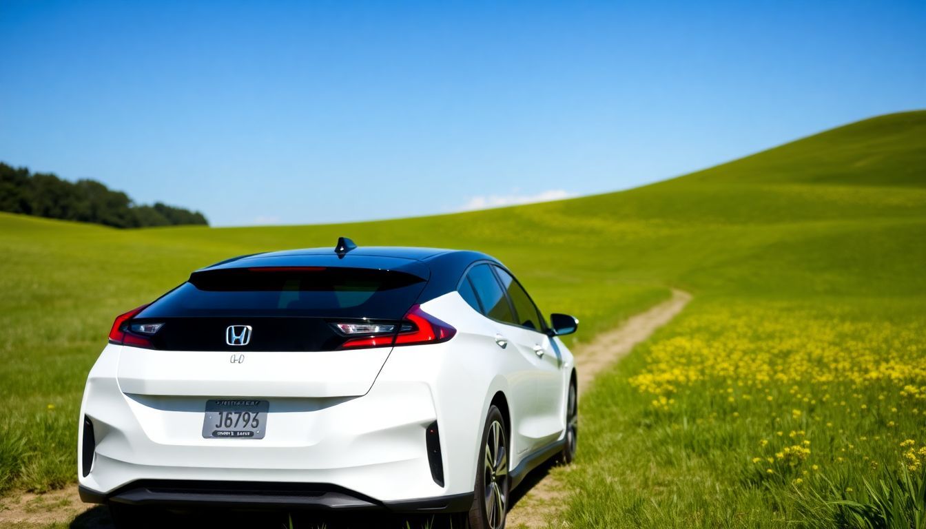 Een Honda waterstofauto geparkeerd in een groene omgeving onder een heldere blauwe lucht.