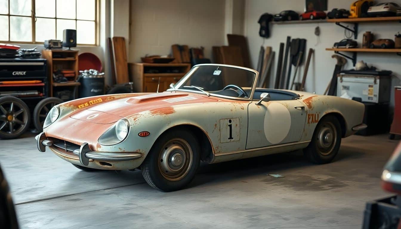 Een vintage Italiaanse sportwagen geparkeerd in een garage.