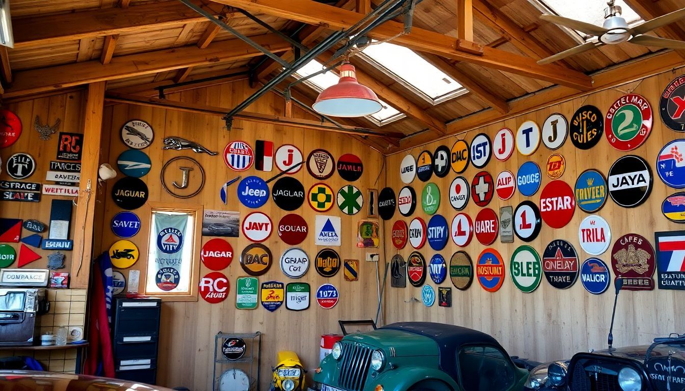 Een oude garage met diverse autologo's aan de muur.