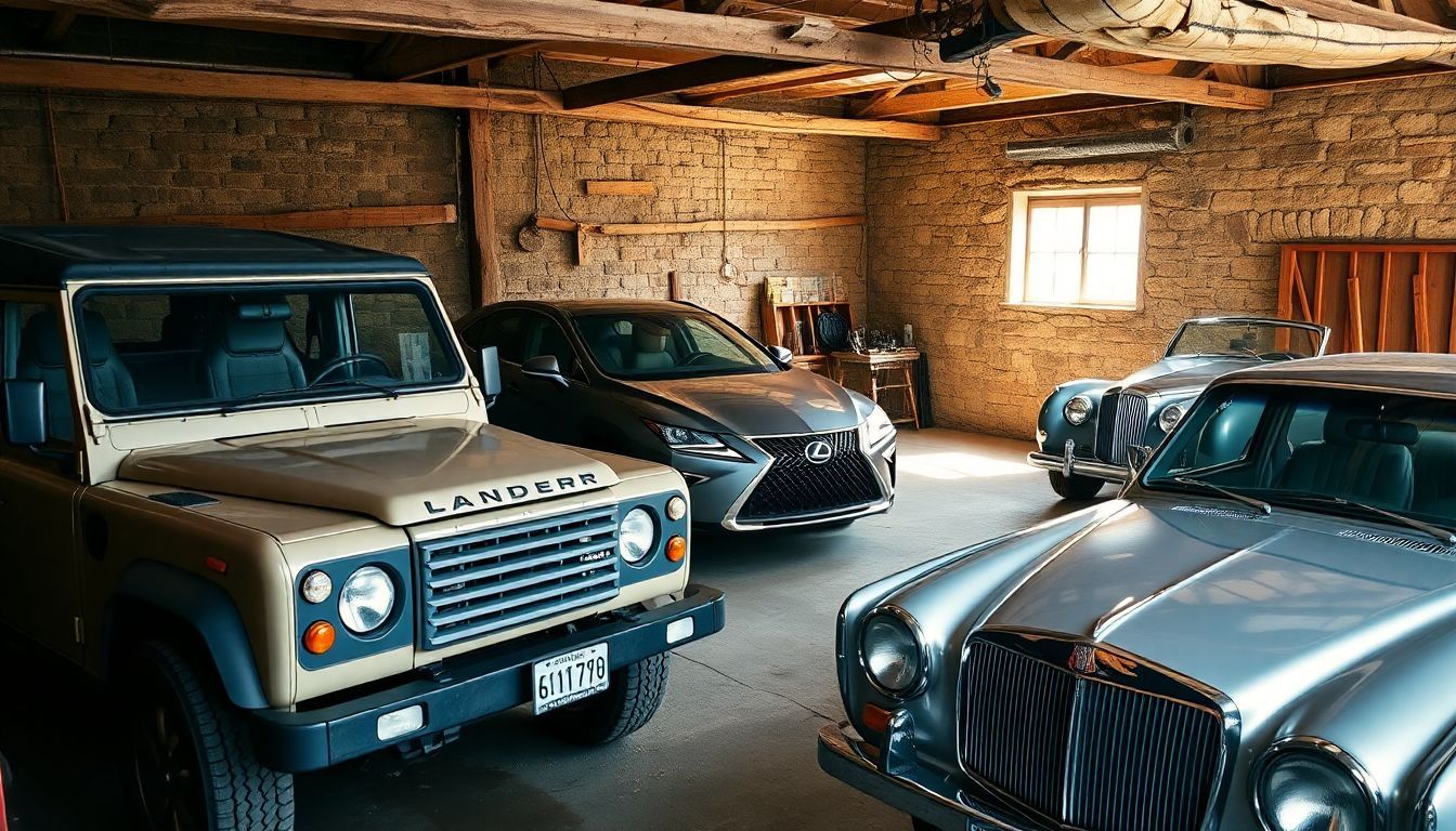 Een rustieke garage met een Land Rover, Lexus en Lincoln auto's.