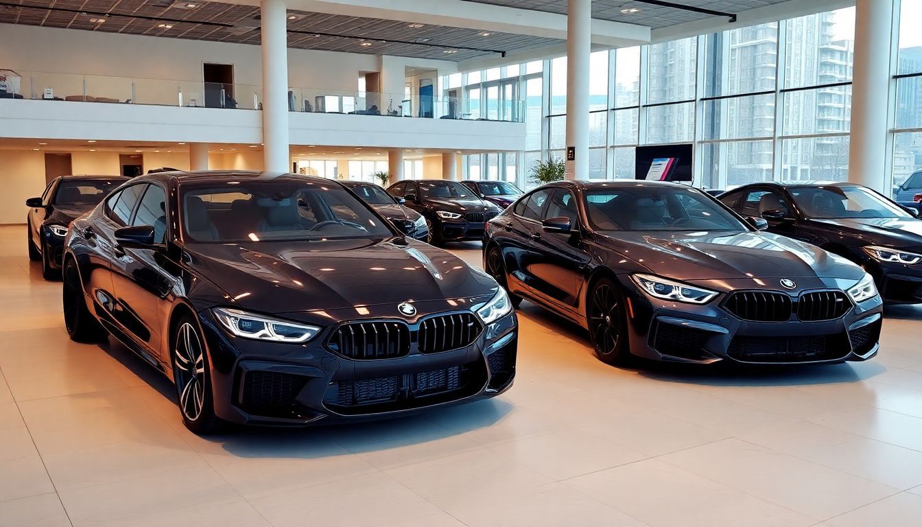 Een luxueuze autoshowroom met M-merk auto's en moderne architectuur.