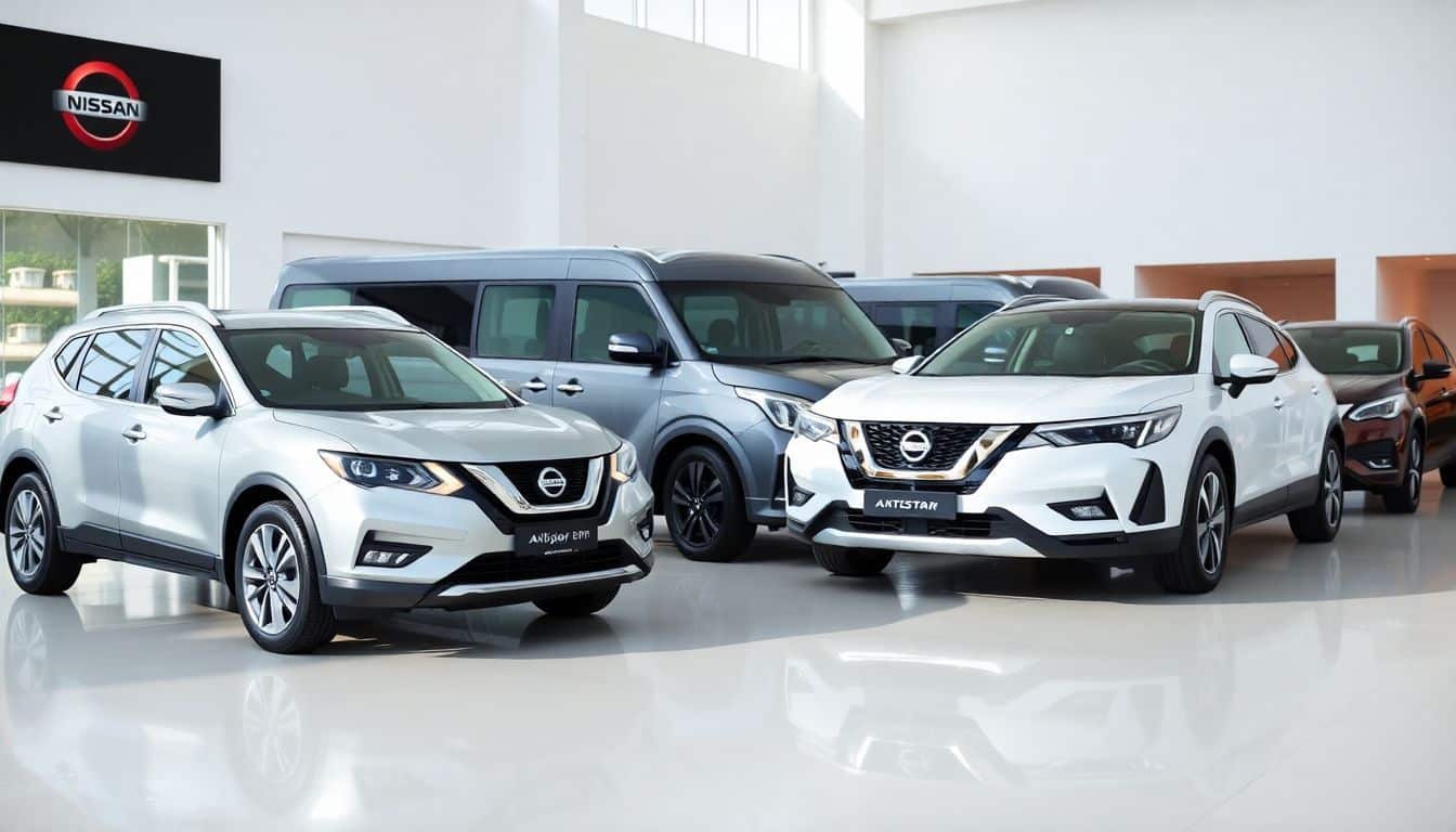 Een line-up van Nissan auto's wordt tentoongesteld in een moderne showroom.