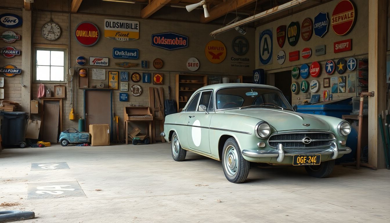 Een vintage Opel auto geparkeerd in een stoffige garage vol automobilia.