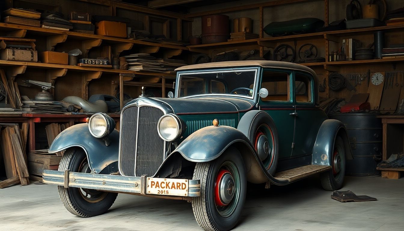 Een vintage Packard auto staat geparkeerd in een stoffige oude garage.