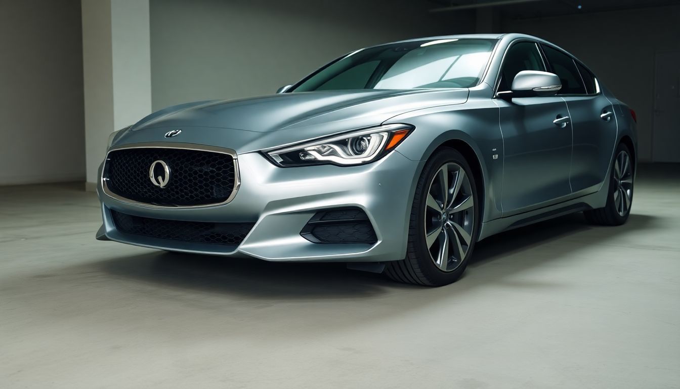 Een zilveren luxe sedan geparkeerd in een donkere garage.