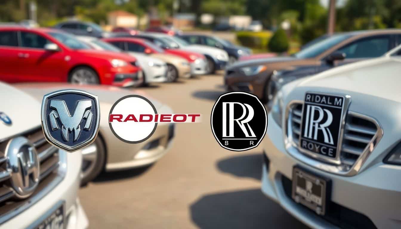 Een vanishing perspectief van auto logo's met de letter 'R' tegen verschillende voertuigen.