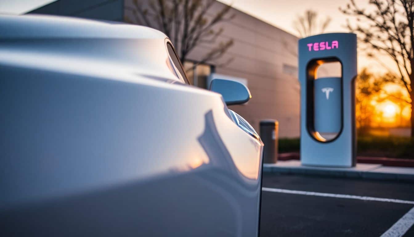 Een moderne, elektrische Tesla Model S bij een oplaadstation tijdens zonsondergang.
