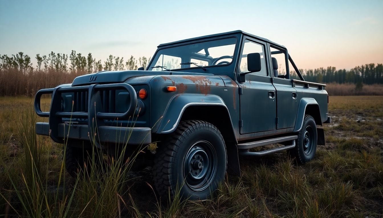 Een oude, robuuste UAZ Bukhanka off-road voertuig geparkeerd in een modderig veld bij zonsondergang.