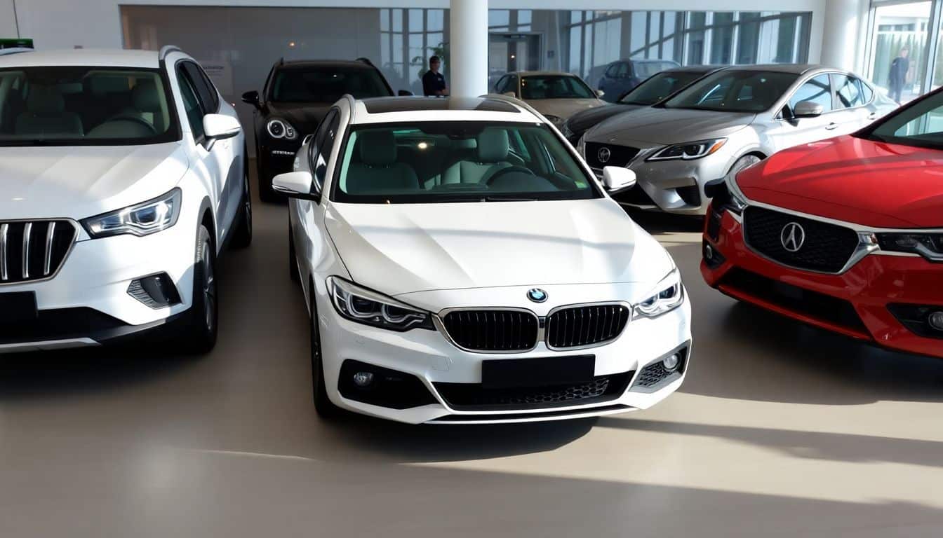 Een showroom vol auto's met een 'V' in hun namen.