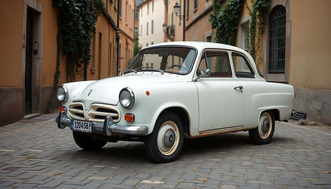 Een witte vintage Wartburg 353 geparkeerd in een stille steeg.