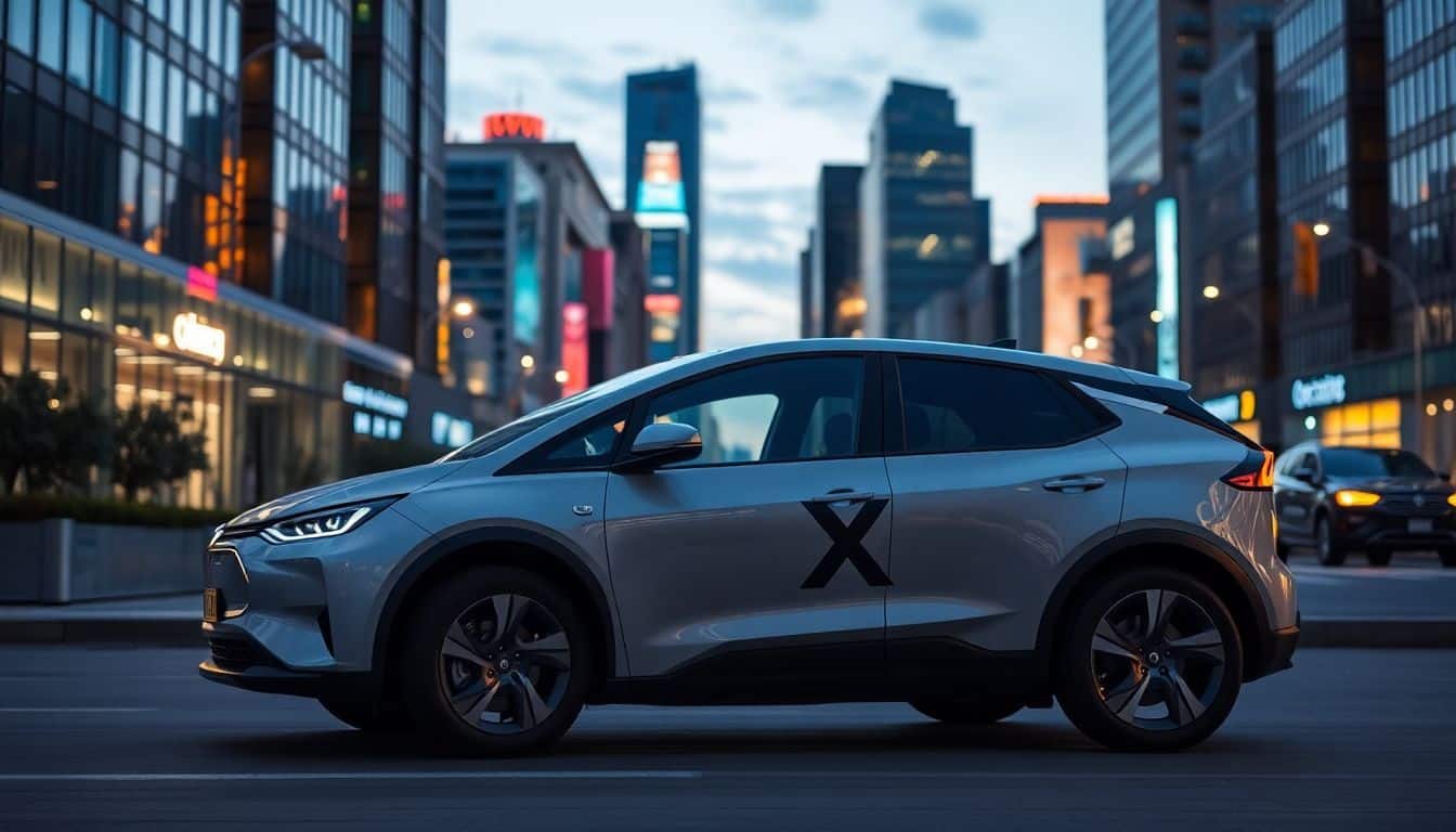 Een elektrisch voertuig met een opvallend X-logo geparkeerd in een moderne stad tijdens de schemering.