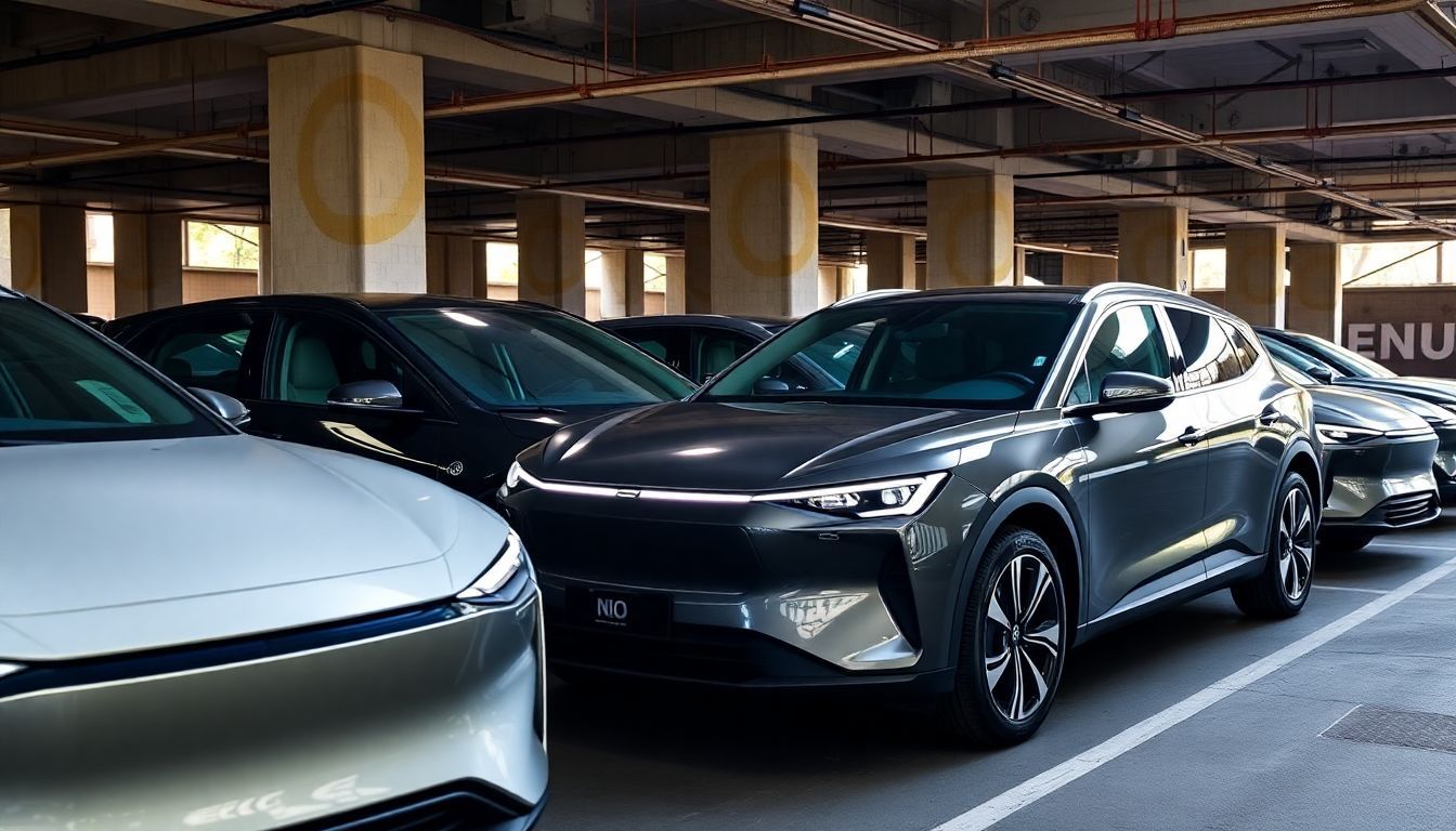 Een line-up van moderne elektrische auto's van NIO in een ondergrondse garage.