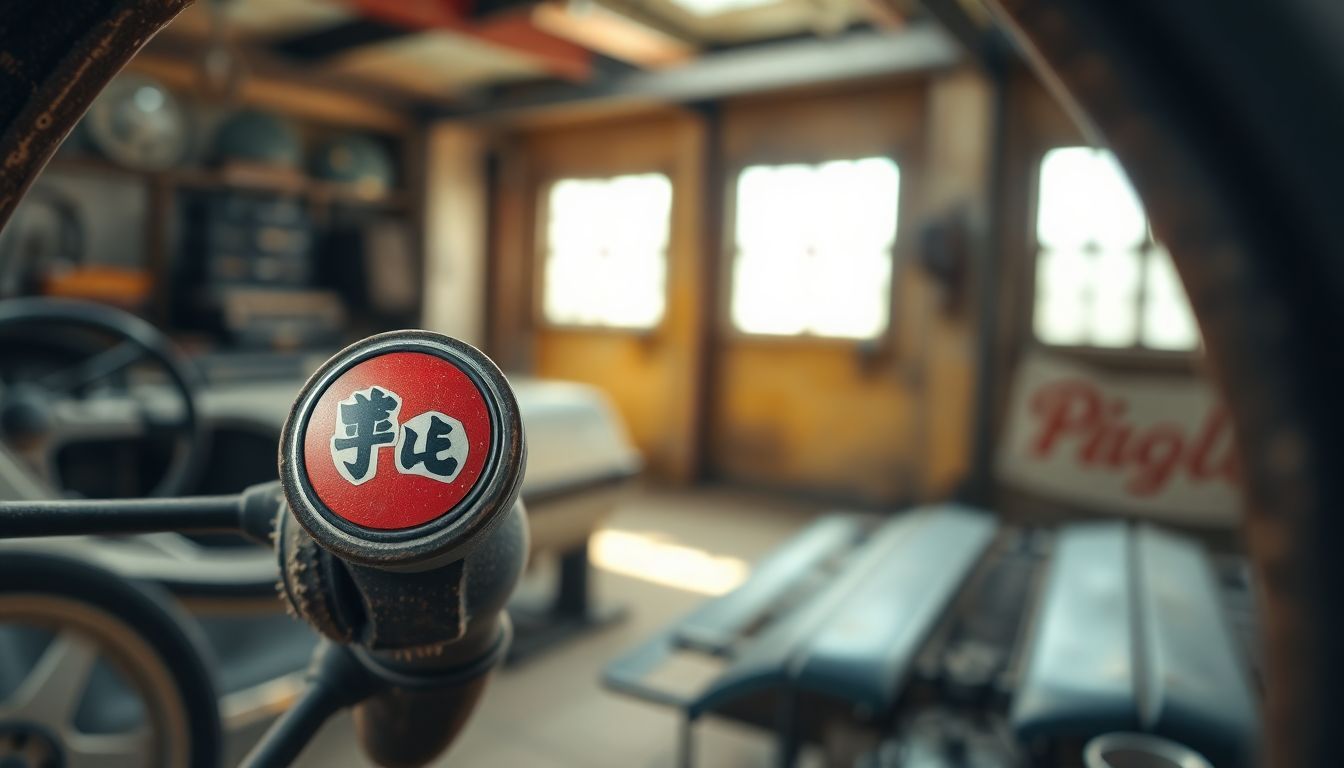 Een vintage Japans autobedrijf logo op een versleten stuurwiel in een oude garage.