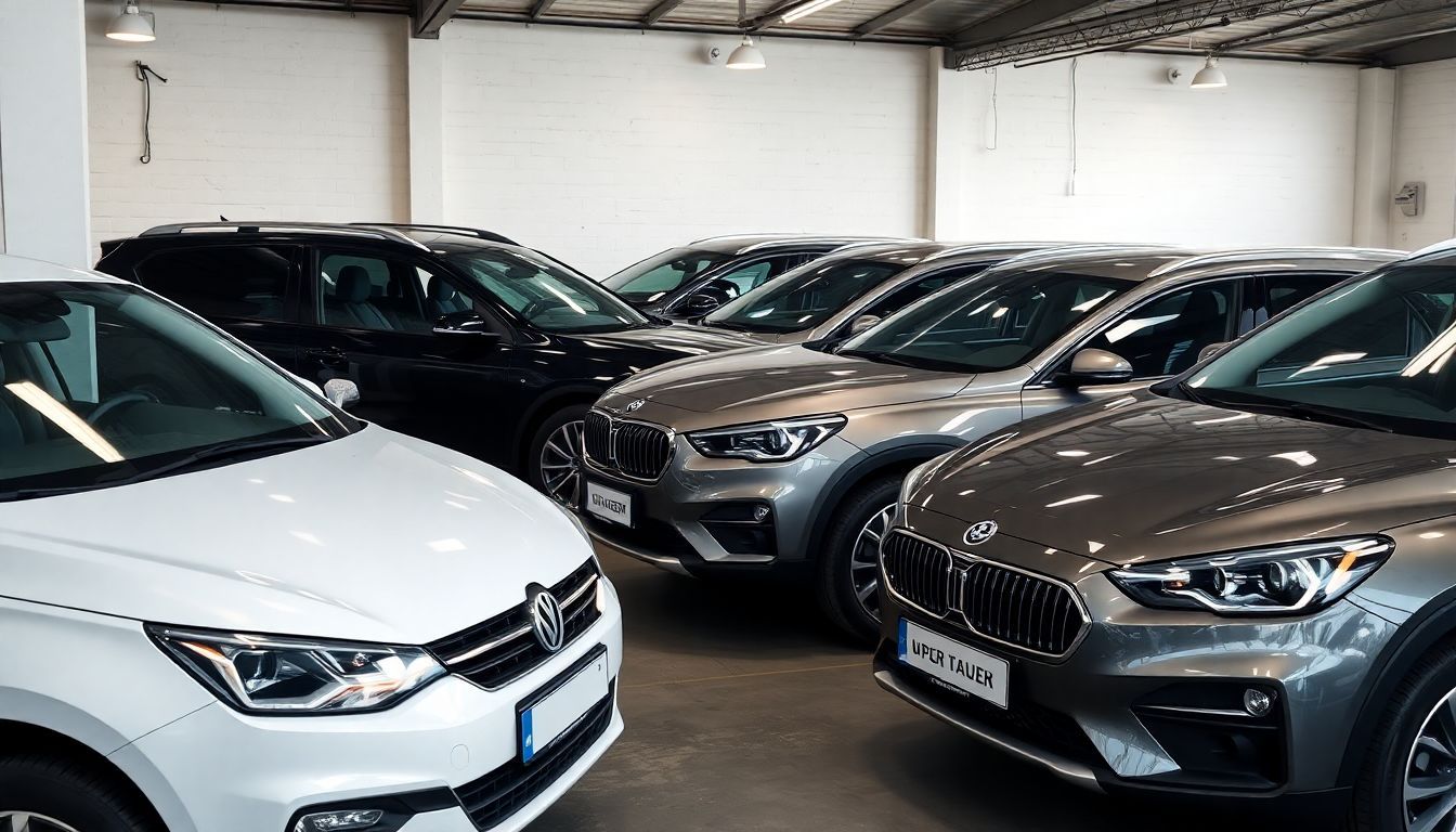 Een rij sterke en betrouwbare auto's in een goed verlichte garage. Een rij sterke en betrouwbare auto's in een goed verlichte garage.