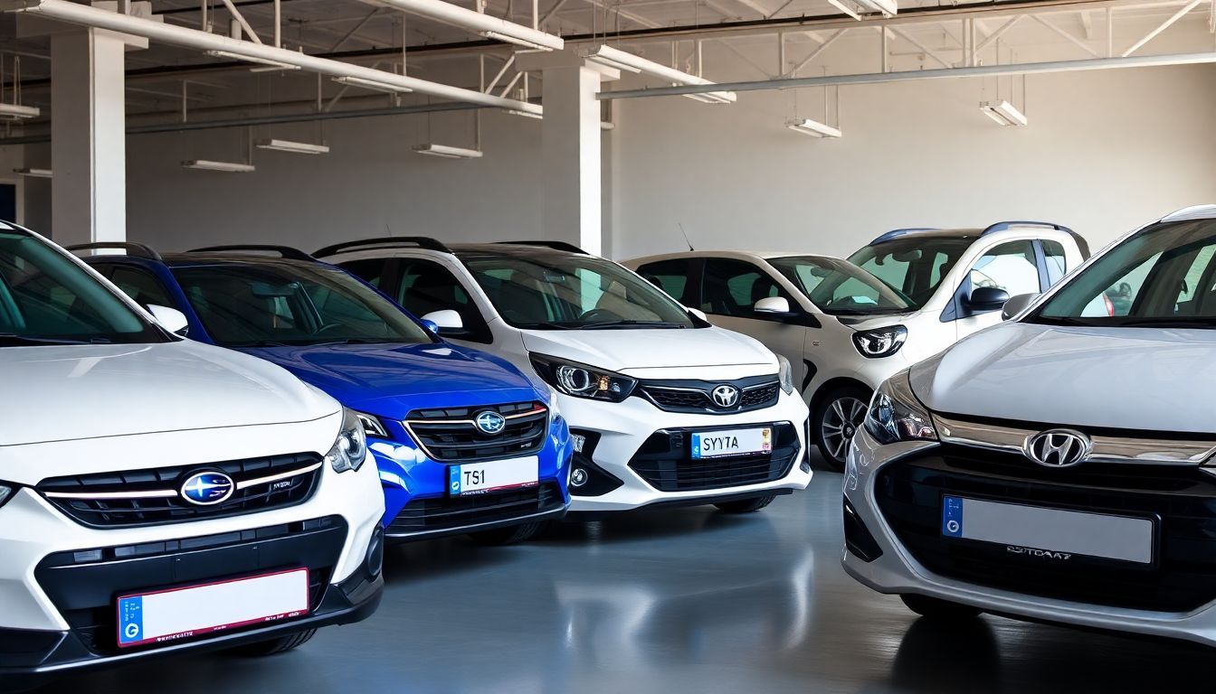 Een line-up van verschillende automodellen van gerenommeerde merken in een goed verlichte garage in Nederland.