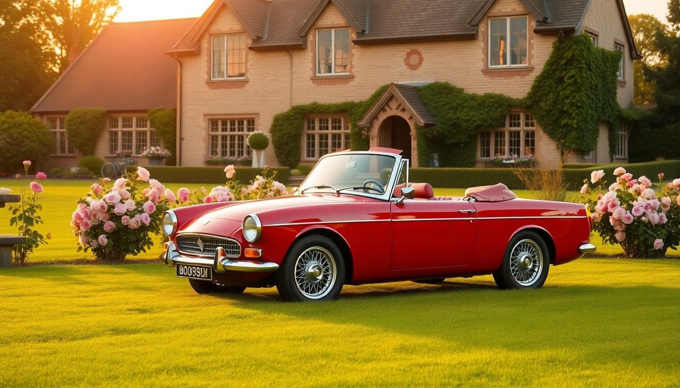 Een vintage Britse cabriolet geparkeerd voor een traditioneel landhuis.