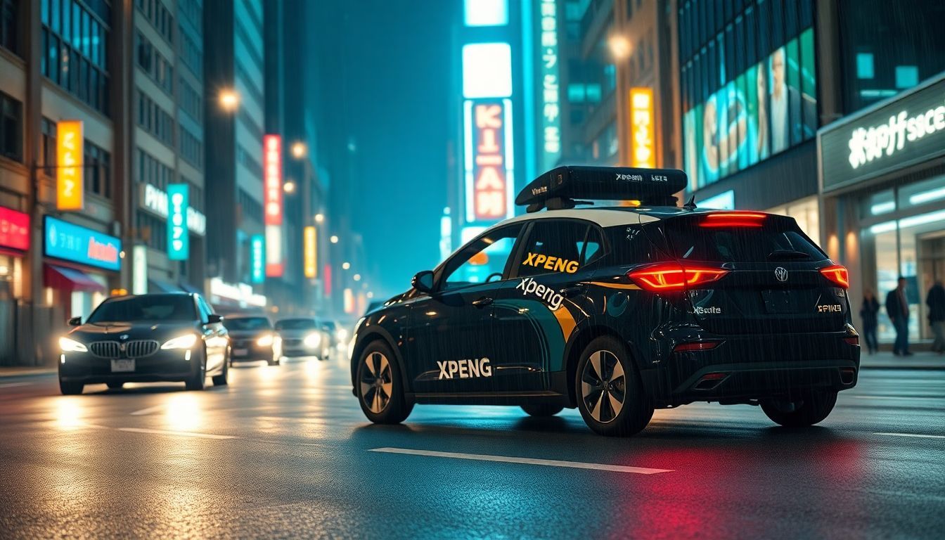 Een zelfrijdende Xpeng-auto navigeert 's nachts door een drukke stad.