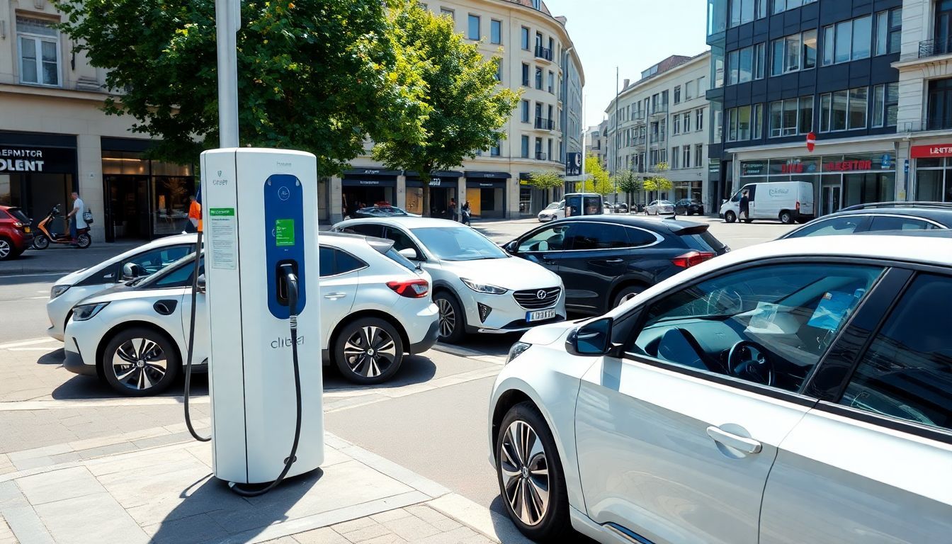 Een drukke stad met elektrische auto's en oplaadstation laat vooruitgang zien.