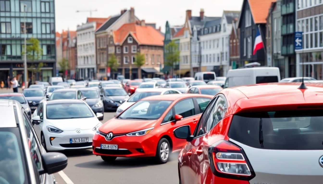 Een drukke straat in Nederland met elektrische voertuigen van populaire Chinese automerken.