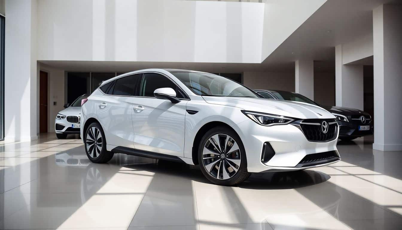 Een moderne auto met innovatief Bi-Fuel GPL-systeem in een chique autoshowroom.