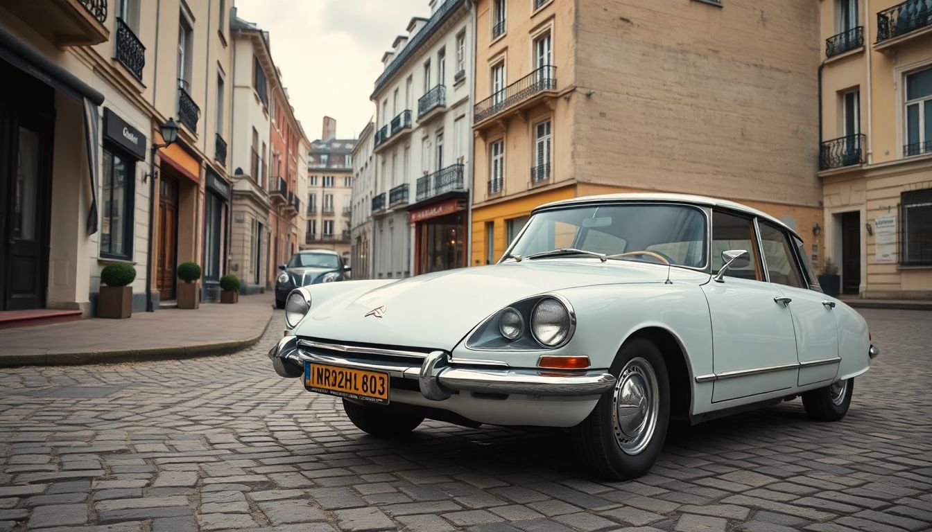 Een vintage Citroën DS geparkeerd in een retro Europese buurt.