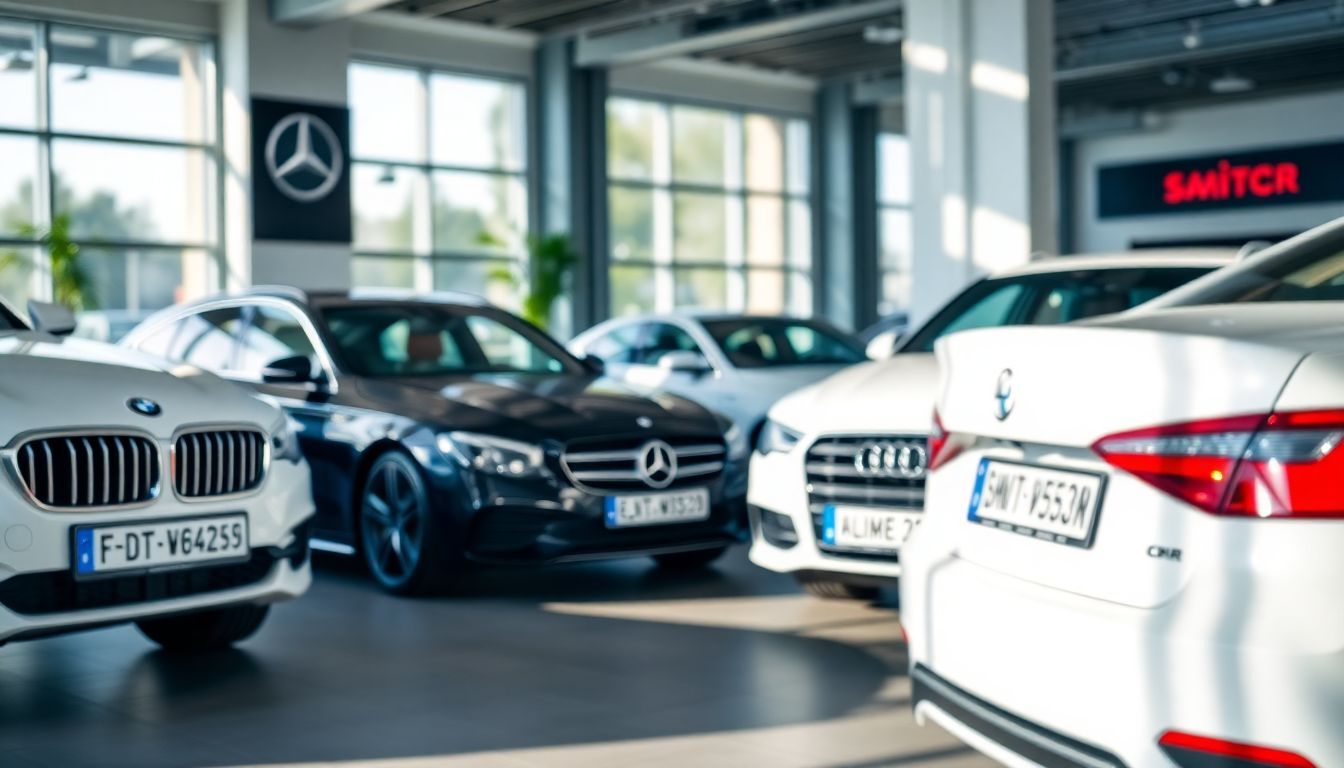 Een moderne Duitse luxe auto showroom met BMW, Mercedes-Benz en Audi auto's.