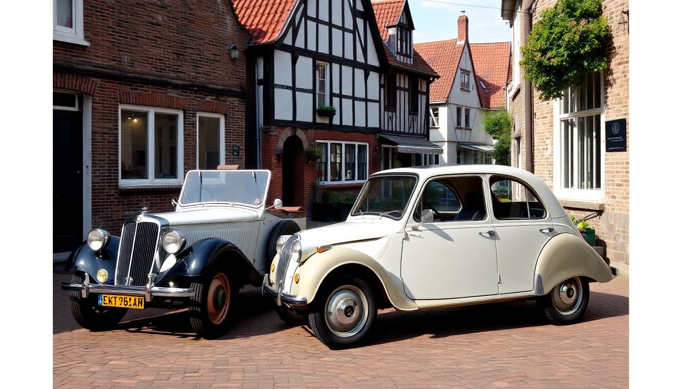 Een vintage Eysink auto geparkeerd in een rustiek Nederlands dorp.
