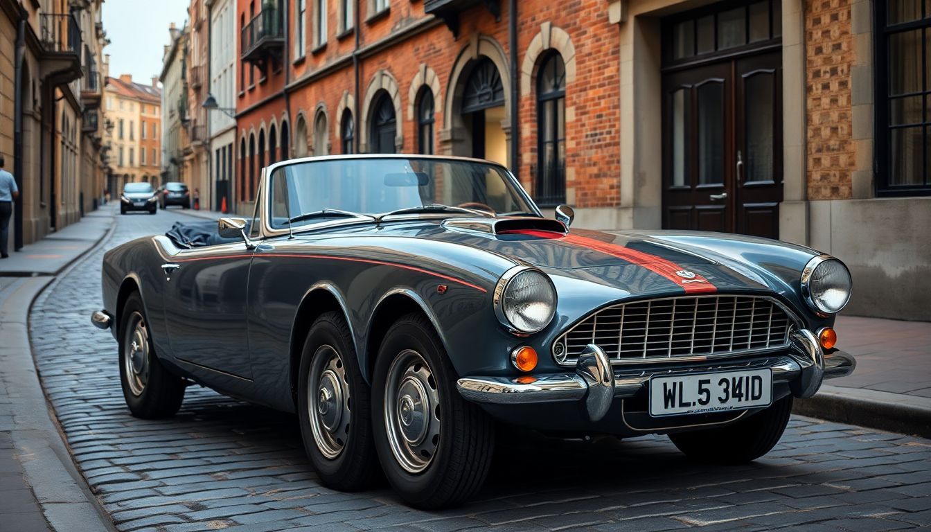 Een vintage Britse sportauto geparkeerd op een oude kasseienstraat.
