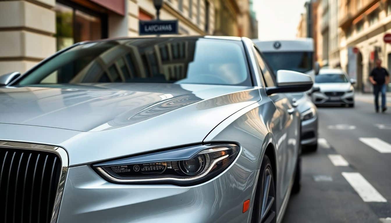 Een luxe Europese auto geparkeerd op een drukke stadsstraat.