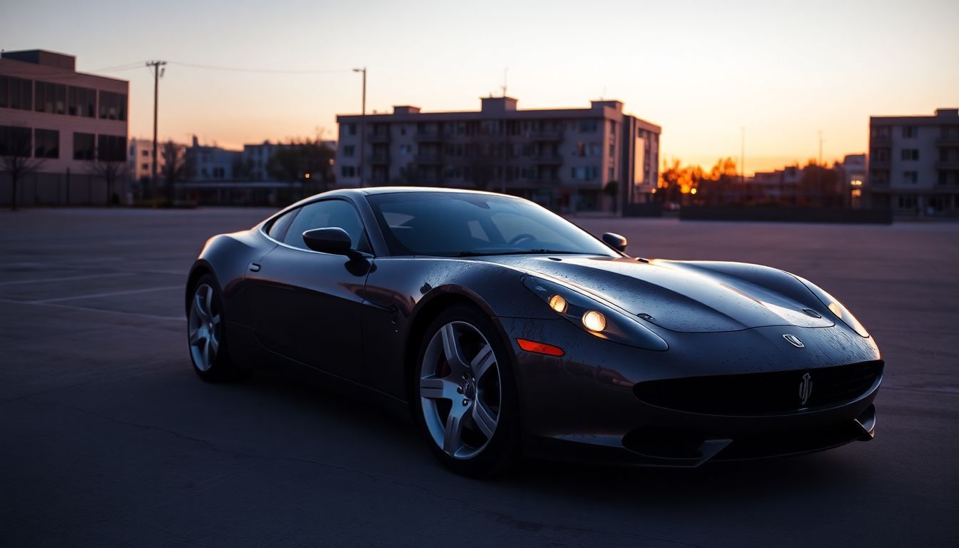 Een oude, verweerde Fisker Karma elektrische auto geparkeerd in een verlaten stedelijk gebied bij zonsondergang.