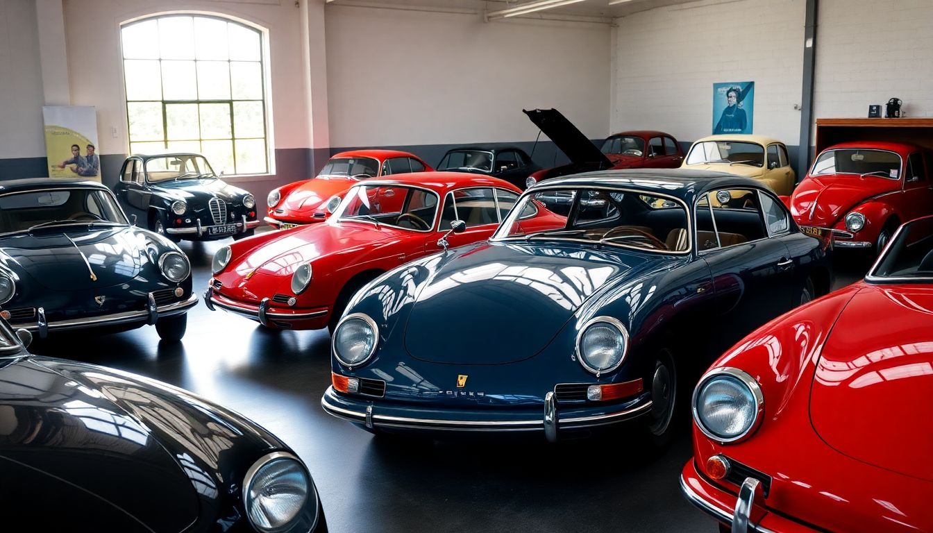 Een tentoonstelling van vintage Franse auto's in een garage.