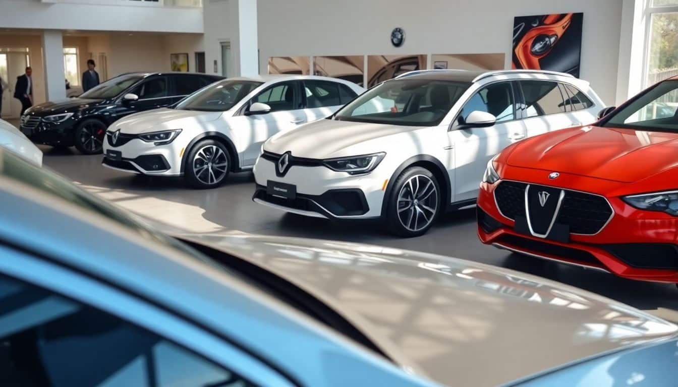 Een Franse autotoonzaal met de nieuwste modellen van bekende Franse automerken.