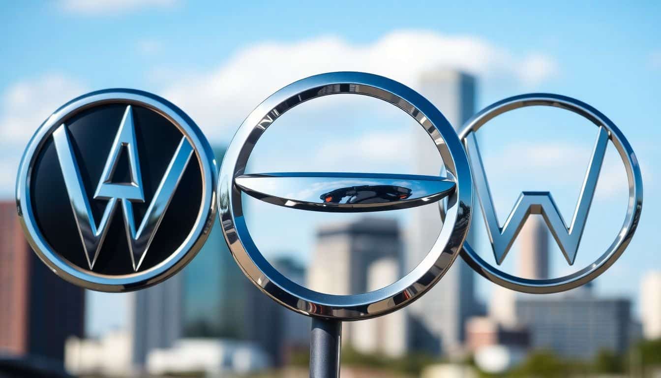 Drie bekende automaker logo's met stadsachtergrond, vertegenwoordigen intense concurrentie binnen de industrie.