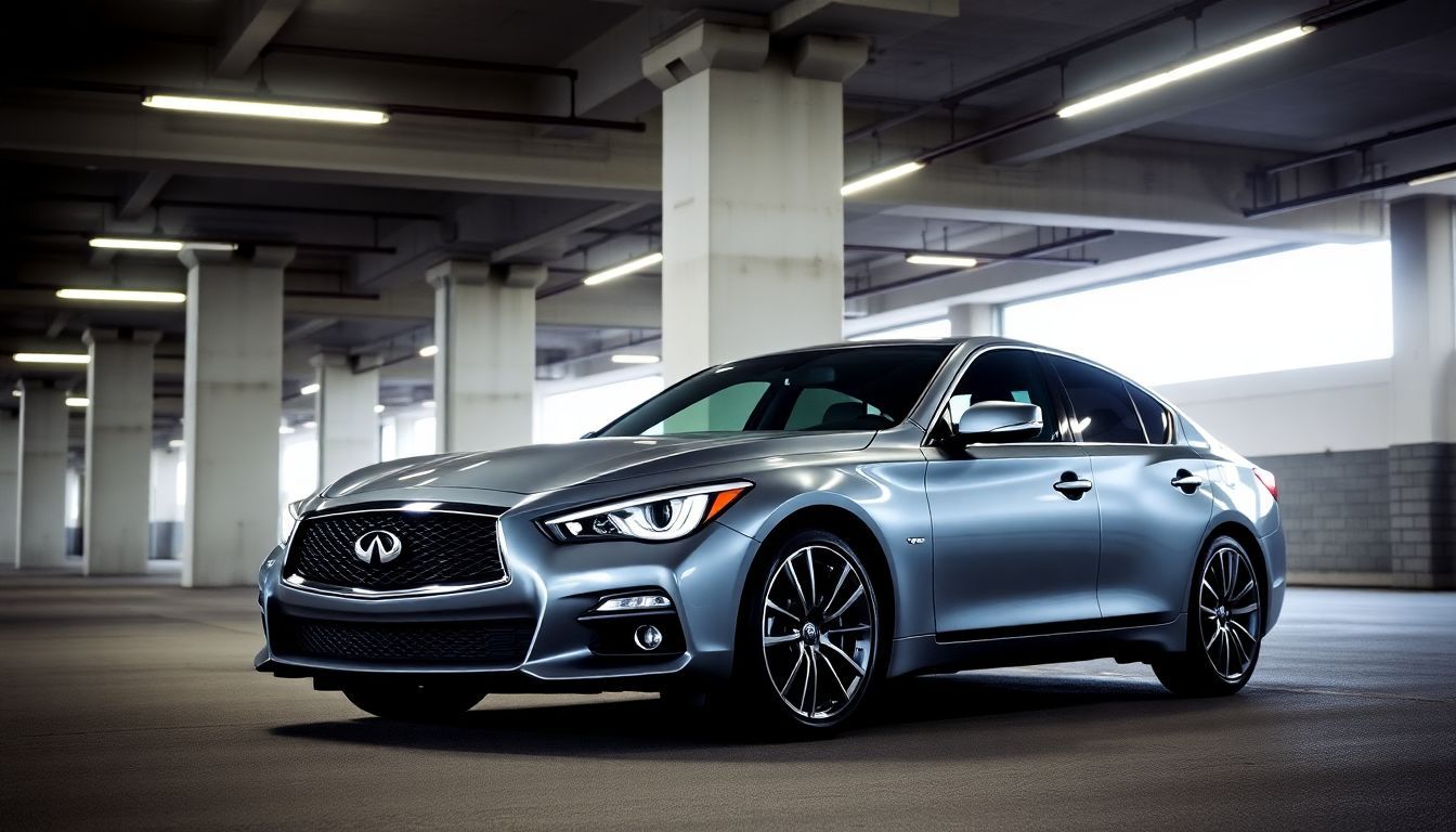 Een glanzende Infiniti Q50 geparkeerd in een ondergrondse garage.