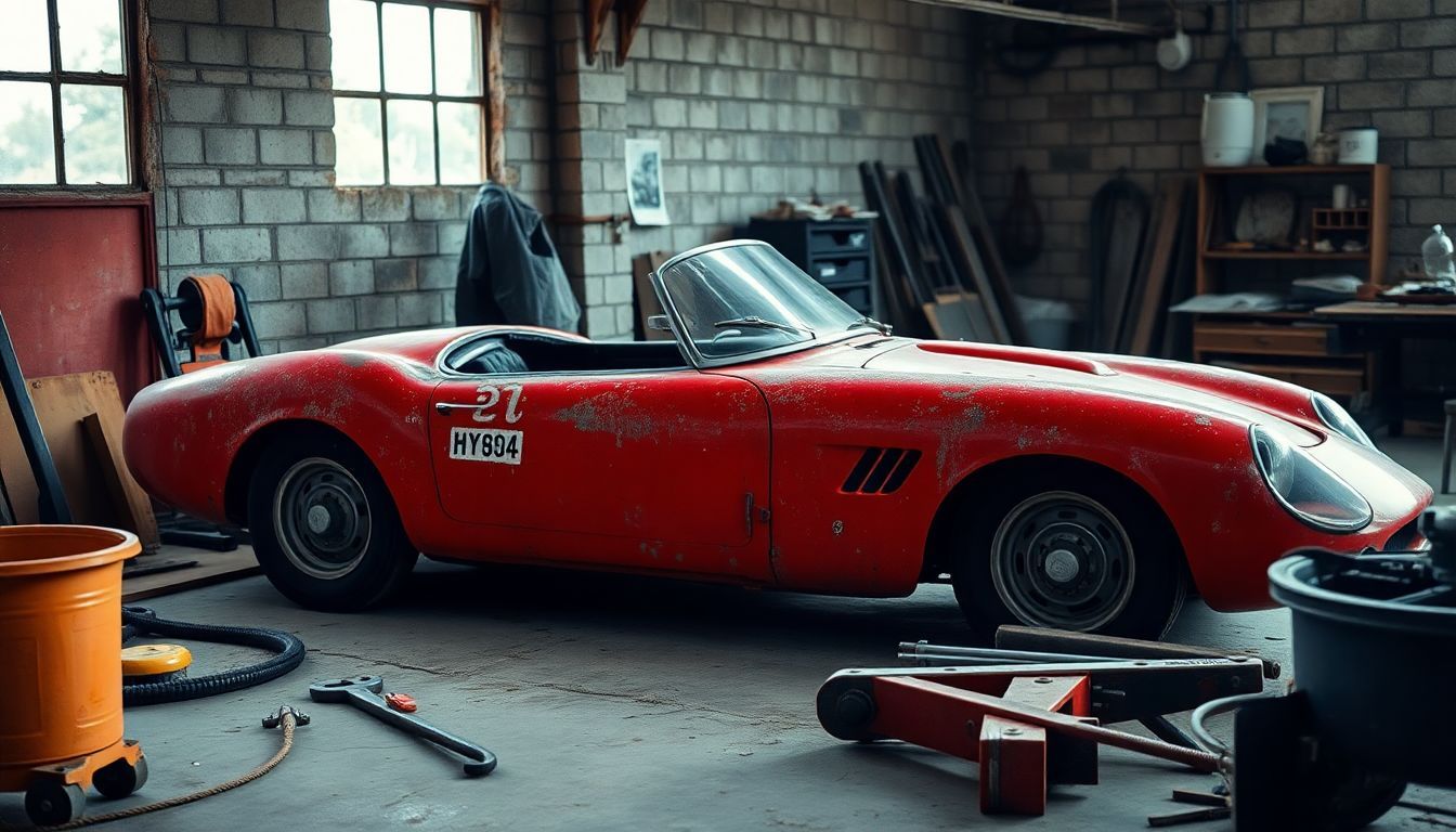 Een oude, roestige rode Italiaanse sportauto in een garage.