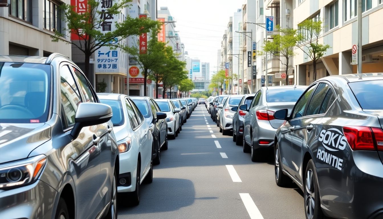 Een drukke stadsstraat met Japanse auto's, die moderne kwaliteit benadrukken.