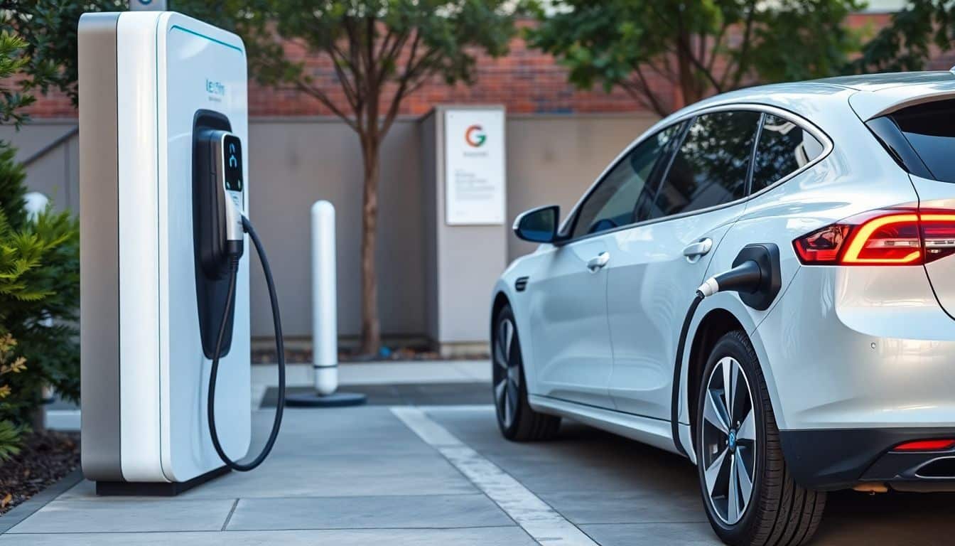 Een elektrische auto wordt opgeladen bij een moderne oplaadstation.