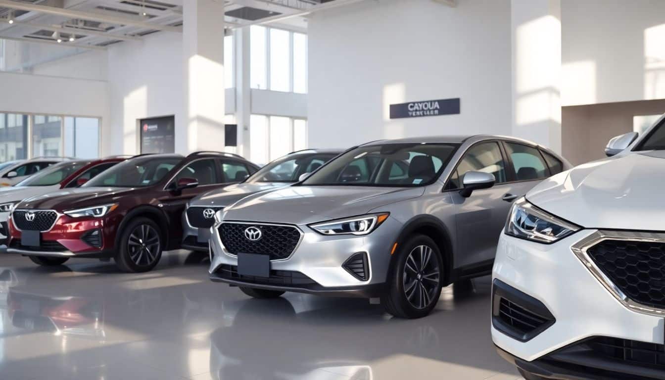Een moderne Koreaanse autoshowroom met populaire automerken in strakke ontwerpen.