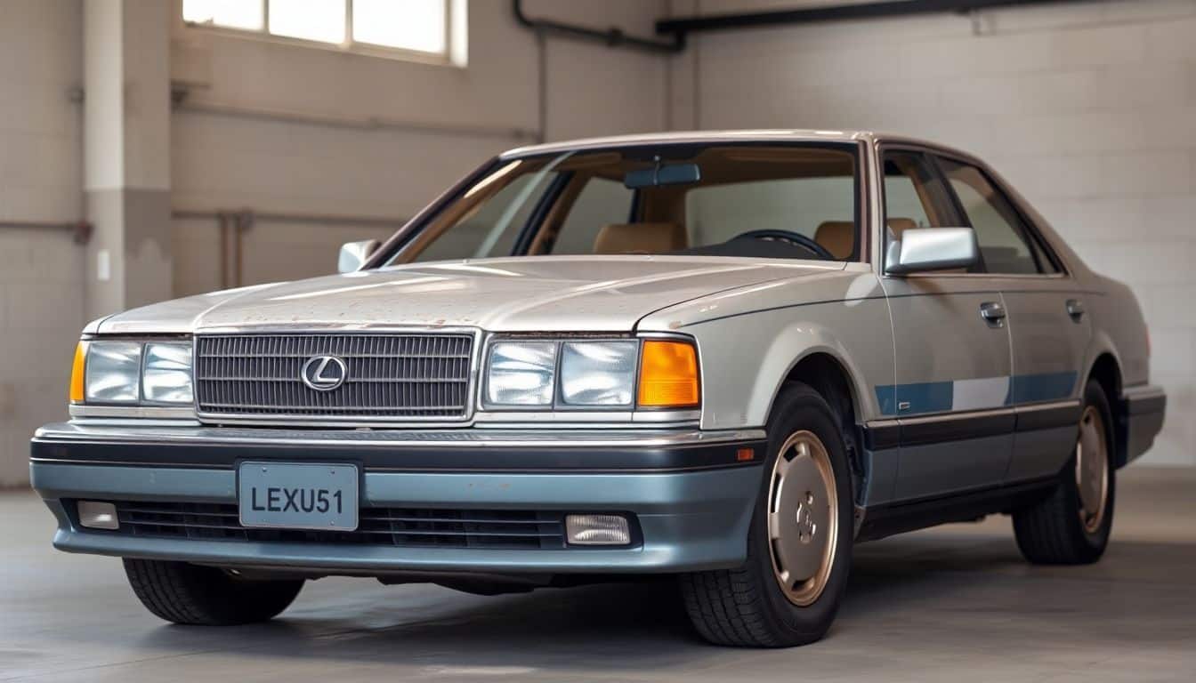 Een oude, versleten Lexus LS 400 geparkeerd in een garage.