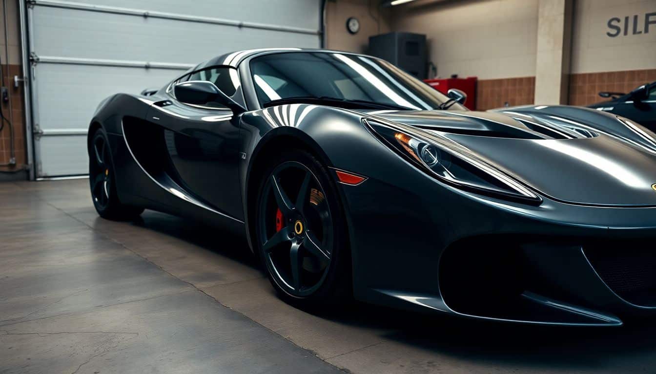 Een gestroomlijnde Lotus sportauto geparkeerd in een garage.