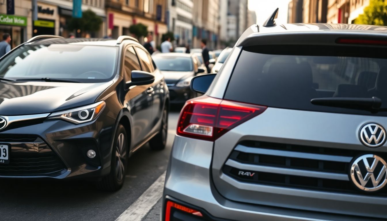 Een close-up foto van een Toyota Corolla naast een Volkswagen RAV4.