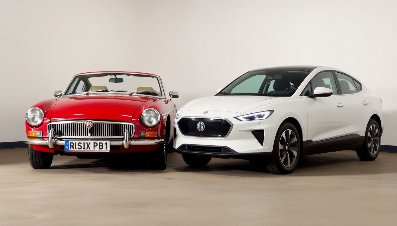 Een oude MG-auto naast een moderne elektrische MG-auto in een garage.