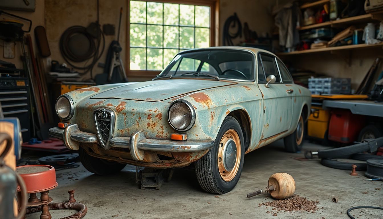 Een roestige, vintage Alfa Romeo staat geparkeerd in een huisgarage.